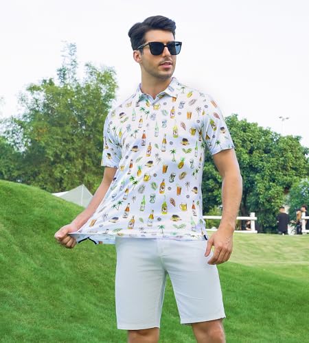 Men's Hawaiian Golf Shirt Moisture-Wicking Digital Print Polo Large White Beer