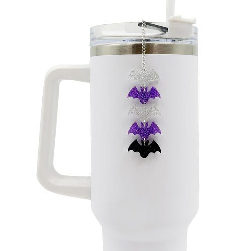 Purple Tumbler Ornament – Glitter Bat Cup Chain for Stanley 30oz 40oz, Gothic Straw Decoration, Cute Water Bottle Accessories for Iced Coffee Cups