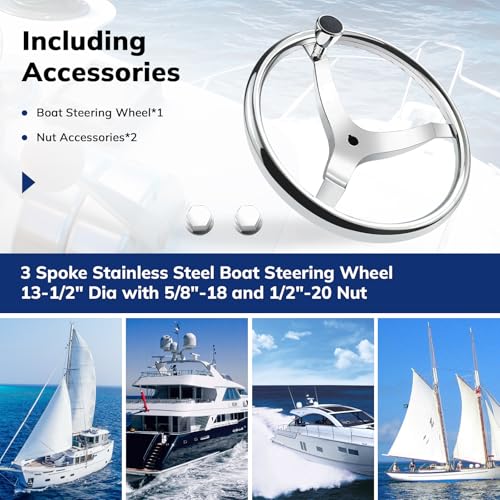 QYMOPAY 13.5" Marine Stainless Steel Boat Steering Wheel with Nut & Turning Knob