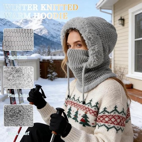 3 in 1 Winter Beanie Hat for Women, Knitted Hat with Scarf and Face Mask, Warm Ski Beanie Set for Cold Weather Outdoor (Grey)