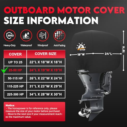 Boat Motor Cover Waterproof Heavy Duty 25-50 HP Black - Fade-Resistant