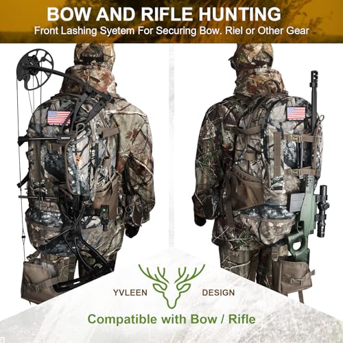 YVLEEN Forest Shadow Green Camo Hunting Backpack with Rifle & Bow Carry, Detachable Waist Pack