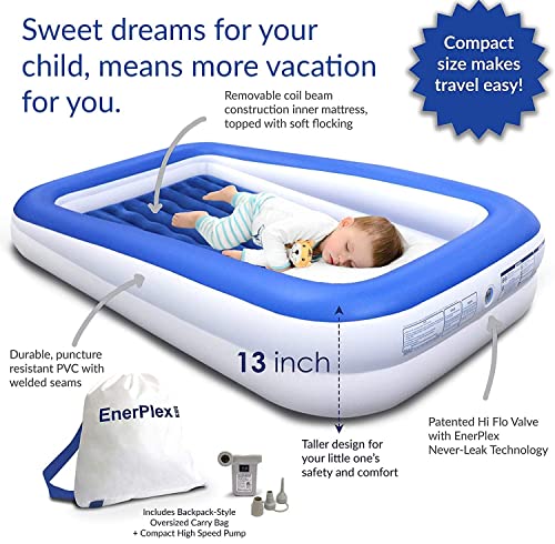 Blue 13-Inch Twin Size Kids Inflatable Travel Bed with Safety Bumper & High-Speed Pump