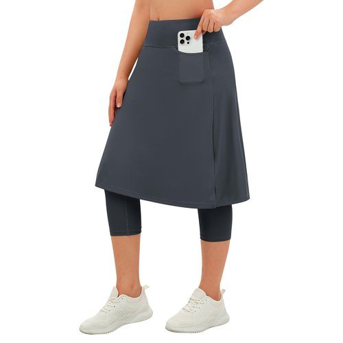 beroy Skirt with Capri Leggings for Woman Modest Workout Knee Length Skorts with Pockets Athletic Golf Tennis Yoga Skirts Grey XL