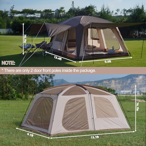 Vidalido 8-10 Person Camping Tent with 3 Doors, 2 Rooms - Light Brown