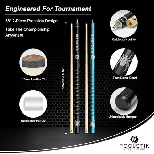 58-Inch Black & Teal 2-Piece Pool Cue Set with Canadian Maple & Ergonomic Grip