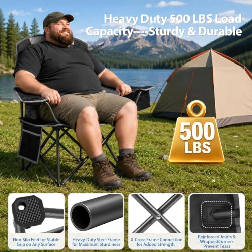 Oversized Camping Chair 2 Pack - Heavy Duty Support 500LBS, Black & Gray