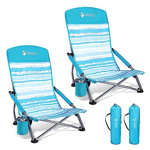 Villey Blue Stripes High Back Folding Beach Chair for Adults, Lightweight & Durable