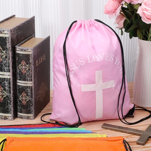 Multicolor Jesus Loves You Drawstring Backpack Bulk 100 Pcs Christian Religious Gift Bag