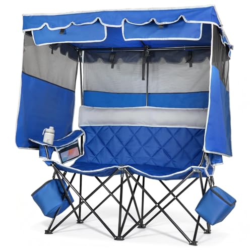 Suteck Double Camping Chair with Canopy - Blue, Foldable 660lbs Outdoor Loveseat with Shade and Coolers