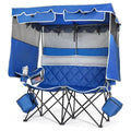 Suteck Double Camping Chair with Canopy - Blue, Foldable 660lbs Outdoor Loveseat with Shade and Coolers