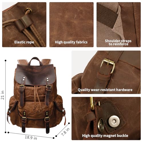 HuaChen Vintage Waxed Canvas Backpack XL Brown with Leather Flap - Water-Resistant Travel & Work Rucksack