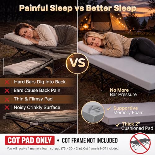 Grey Camping Cot Pad 2-Inch Memory Foam for Folding Cots - Portable, Waterproof, Non-Slip