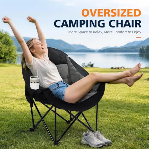 Oversized Heavy Duty Camping Chair with Cooler Bag & Padded Seat - Black, Non-Heating