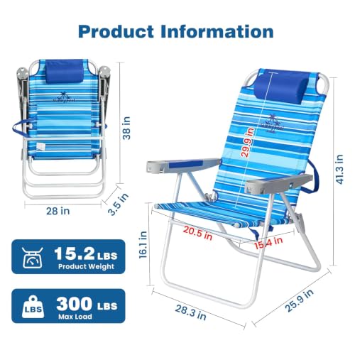 Sunnyfeel Tall Folding Beach Chair for Adults Light Blue - High Back, Reclining, Portable Outdoor Seating