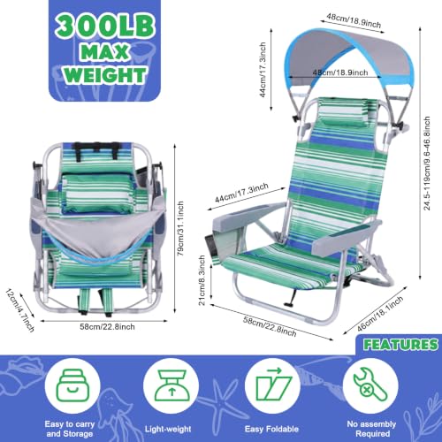EggSun Ocean Striped Portable Beach Chair with Canopy - Reclining, Foldable & Adjustable for Adults
