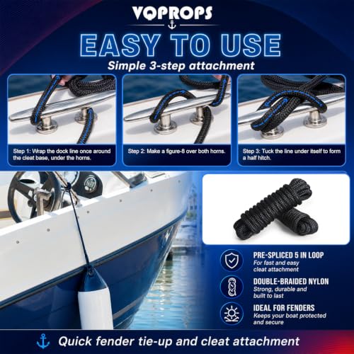 2 Pack Boat Fender Lines - 1/2 Inch x 6 Feet Double Braided Nylon Dock Lines