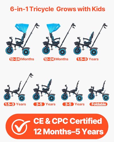 VEVOR 6-in-1 Toddler Tricycle & Stroller with Canopy, Parent Push Handle, Adjustable Seat, Blue/Black