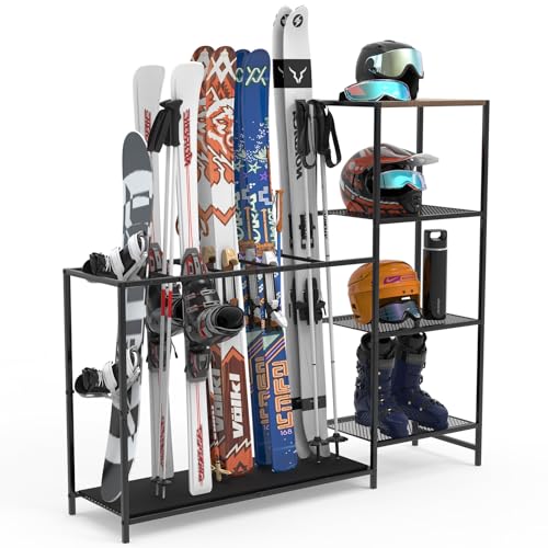 Freestanding Ski Rack with Adjustable Bars, Snowboard & Gear Storage