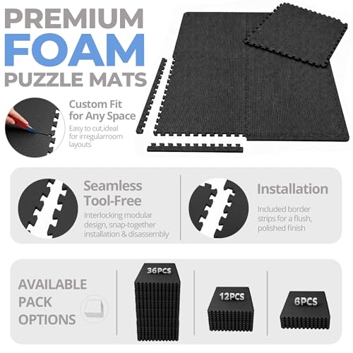 HulkFit Black Interlocking Exercise Mat Set, 36 Tiles, 144 sq ft, Foam Gym Flooring for Home & Garage Workouts