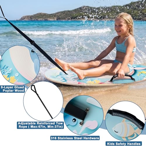 ELDGREON Whale Ocean Wooden Skimboard for Kids with Handles & Tow Rope - Beach & Shallow Water Toy