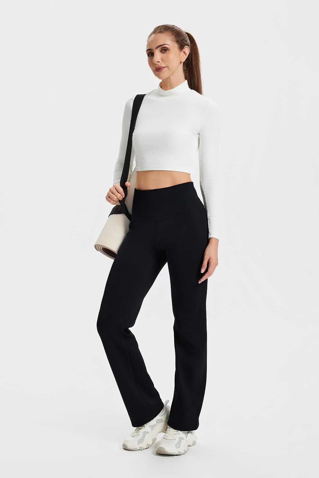 Yogipace Petite Women's CozyWarmth Thick Fleece Lined Straight Leg Sweatpants Wide Waistband Warm Thermal Yoga Pants Zip Pocket,27",Black,Size S