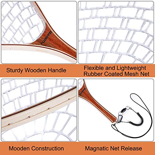 PLUSINNO Fly Fishing Landing Net Wooden Handle with Magnetic Release - Straight Handle