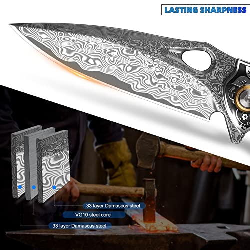 Handmade Damascus Steel Folding Knife with Maple Handle & Holster – EDC Outdoor Survival Blade