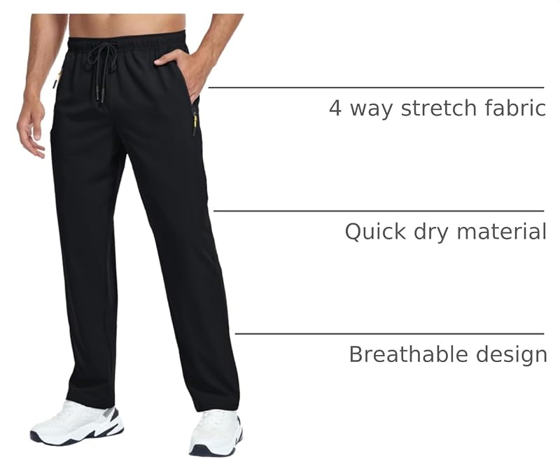 Men's Lightweight Hiking Pants - Breathable Quick Dry, Water-Resistant, UPF 50+, Zipper Pockets, Black, Large