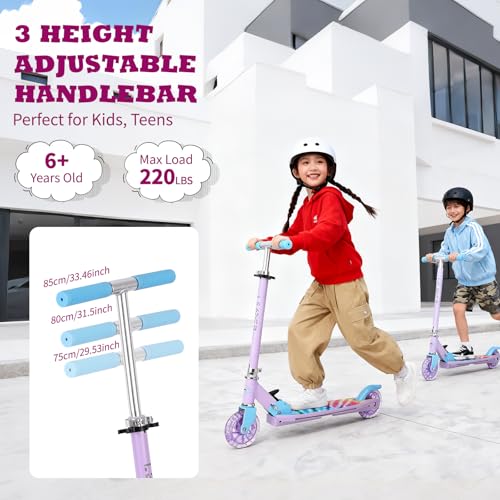 LEADER RIDER Purple Kids Foldable Light-Up Scooter, Adjustable Height, 3-Color LED Wheels