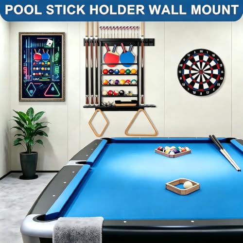 Onemacc 30x3.2x29in Solid Wood Pool Cue Rack & 3-in-1 Billiard, Dart, Table Tennis Storage