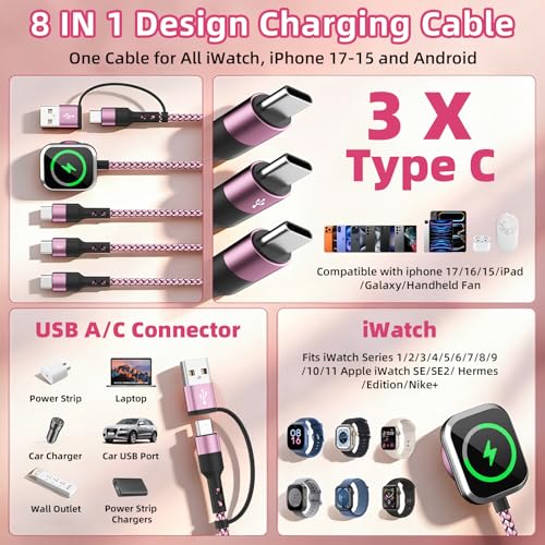 Blush Pink 5FT 3-Pack USB C Multi Charging Cables for iWatch & Phone