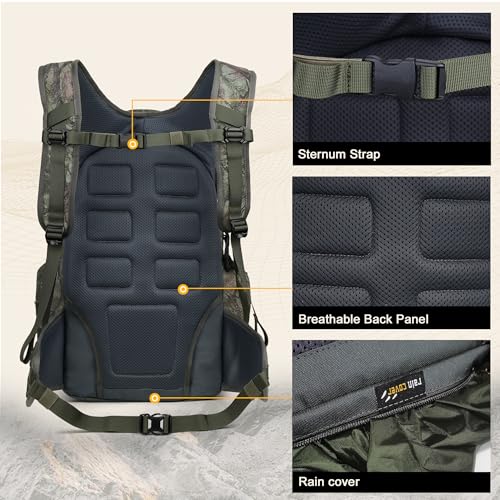 Forest Camo Hunting Backpack 40L with Rain Cover for Bow Rifle Gun - Large Capacity Tactical Day Pack