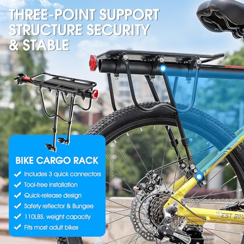 110Lb Capacity Bike Cargo Rack with Reflective Logo - Adjustable Bicycle Luggage Carrier