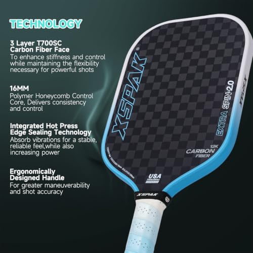 XS XSPAK Blue 12K Carbon Fiber Pickleball Paddle USAPA Approved with Cushion Grip