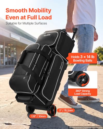 VEVOR Black 3-Ball Bowling Bag Double Roller with Shoe Compartment