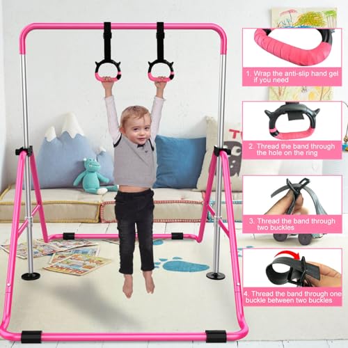 Pink Adjustable Kids Gymnastics Bars with Mat - Foldable & Safe for Ages 3-8