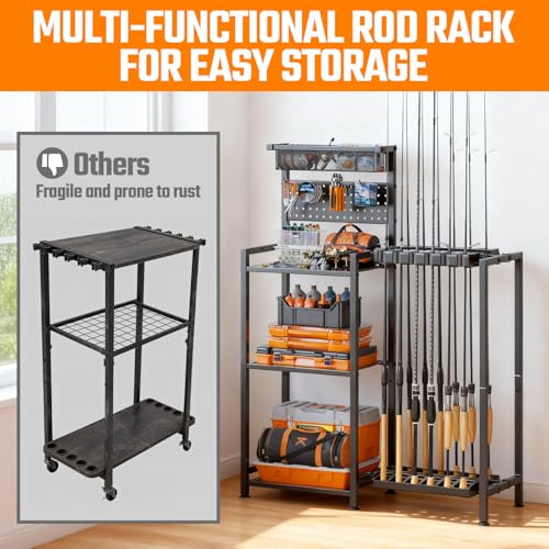 Freexployer Black Fishing Rod Holders for Garage with 3-Tier Shelves & Storage