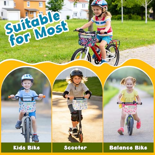 Kids Bike Basket Front Waterproof Handlebar Bag for Girls and Boys - Purple Flower Variation