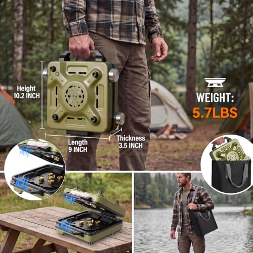 Green Portable 2-Burner Propane Camping Stove with Windshield, Foldable Gas Cooker