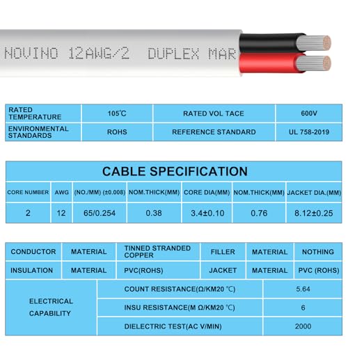 100 ft Marine Grade 12/2 Duplex Tinned Copper Wire - Heavy Duty 12 AWG Marine Electrical Cable