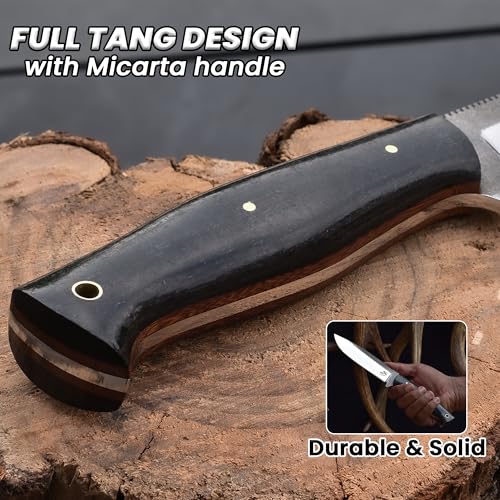 10.5-Inch Full Tang Bushcraft Hunting Knife with Micarta Handle & Leather Sheath