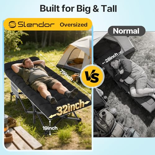 Slendor Black XXL Camping Cot with 3-Inch Mattress & Carry Bag - 32" Wide