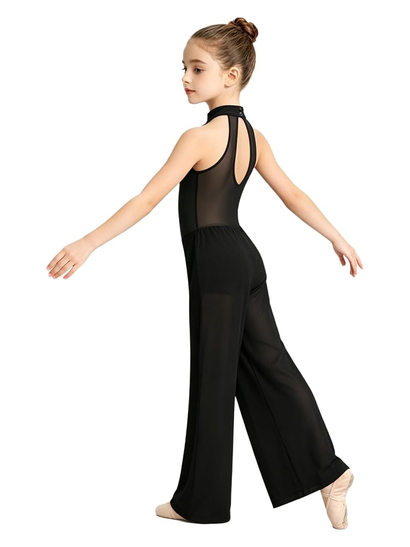 Girls Halter Keyhole Back Leotard Jumpsuit – Lyrical Dance Costume, Black 11-12 Years