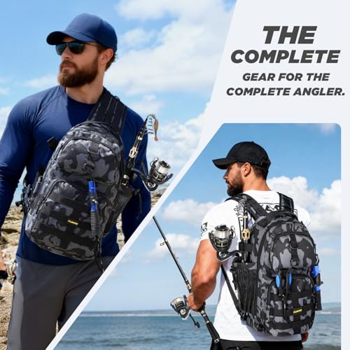 Waterproof Fishing Backpack with Rod & Reel Combo - Black Camo