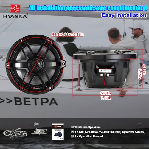 H YANKA Black Marine 6.5-Inch Speakers with 750W Power, IP67 Waterproof, Blue LED Pair