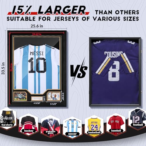 Black Jersey Display Case with UV Protection for Sports Jerseys - Large Acrylic Shadow Box, Wall Mount, JupDec