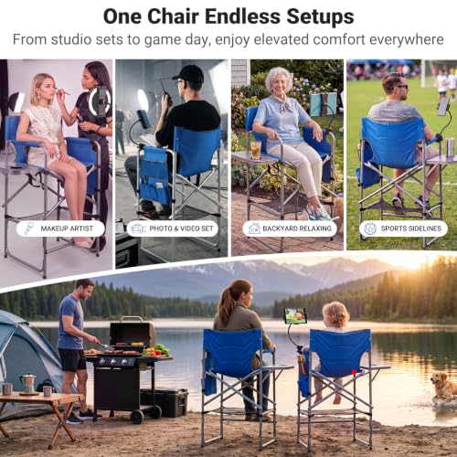 Tall Foldable Camping Chair with Tablet Holder and Side Table