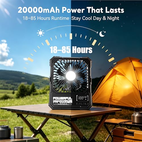 Portable Camping Fan with Power Bank Khaki - 20000mAh Foldable Rechargeable Fan with LED Light & Remote