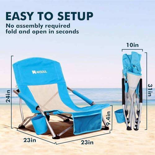 AKSOUL Blue Folding Beach Chairs 2 Pack - Portable Lightweight Sand Chairs with Cup Holders for Adults, Outdoor Camping & Lawn